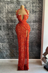 Newinlook Red Halter Deep V-Neck Sequins Evening Dress Mermaid With Rhinestone Slit