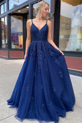 Newinlook Elegant Dark Blue Straps Sweetheart Tulle Evening Dress With Appliques