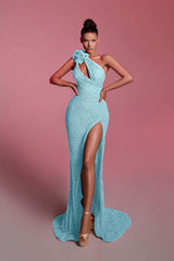 Charming Sequins One Shoulder Sleeveless Long Formal Dress With Front Split