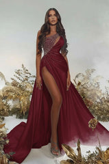 Noble One-Shoulder Sleeveless A-Line Sequined Satin Evening Gown