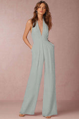 Newinlook Casual Black Deep V-Neck Halter Long Daily Jump Suit