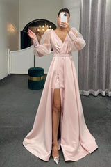 Newinlook A-Line Long Slit Puff Sleeves Evening Dress