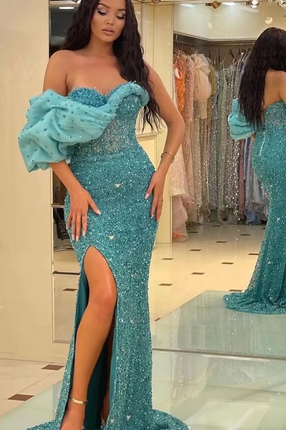 Newinlook Gorgeous One Shoulder Mermaid Split Evening Dress With Sequins Sweetheart Off-The-Shoulder