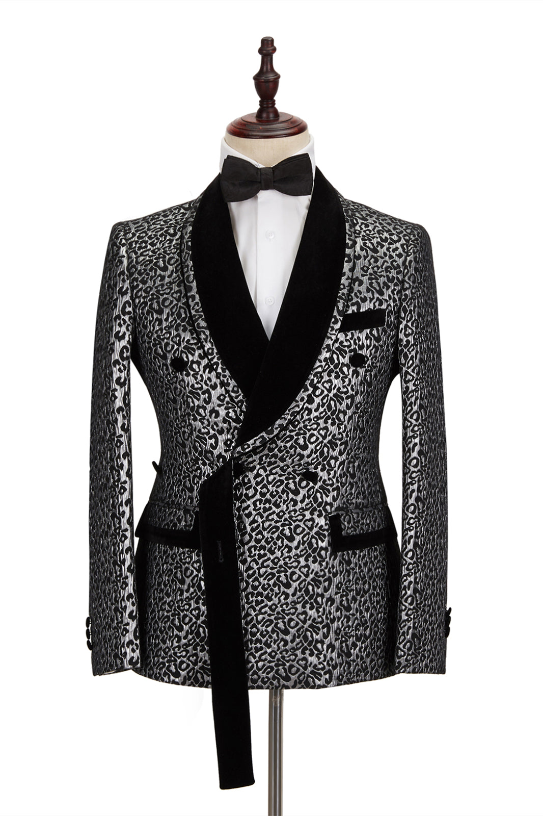 Newinlook New Silver Leopard Double-Breasted Prom Suit with Jacquard Shawl Lapel for Men
