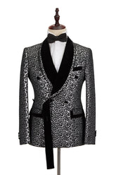 Newinlook New Silver Leopard Double-Breasted Prom Suit with Jacquard Shawl Lapel for Men