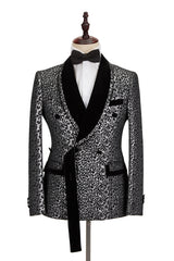 Newinlook New Silver Leopard Double-Breasted Prom Suit with Jacquard Shawl Lapel for Men