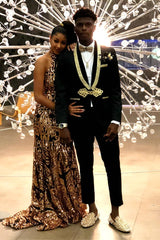 Newinlook Modern Black Bespoke Prom Suit with Gold Lapel Button Party Knitted