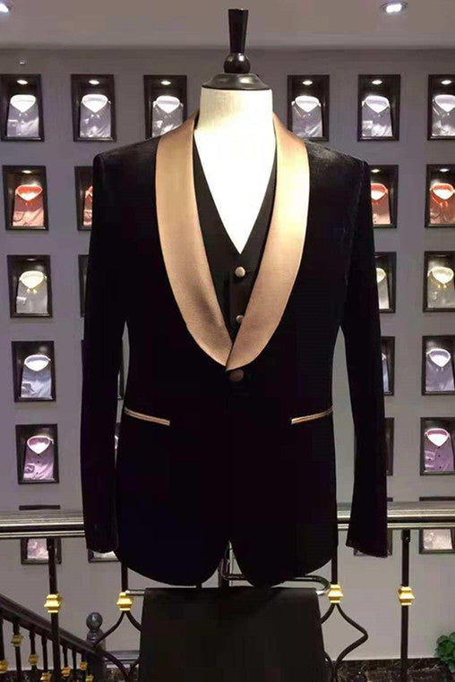 Newinlook Popular Black Wedding Suit with Champagne Shawl Lapel for Men’s Events