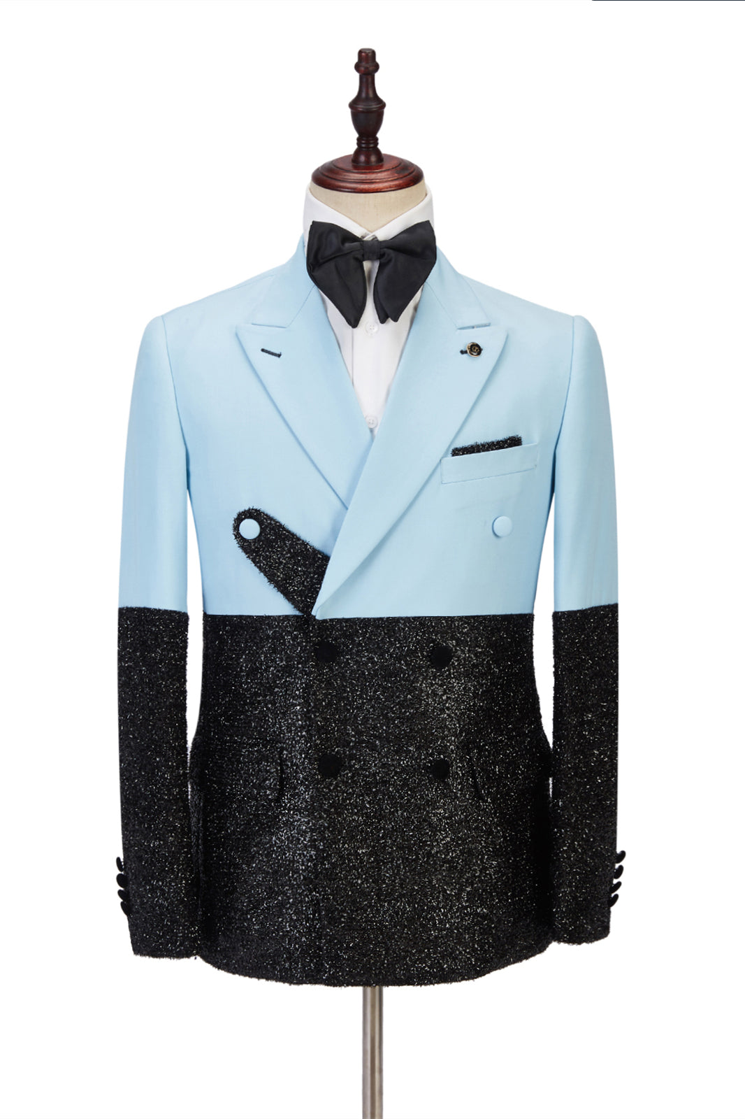Newinlook Glamorous Black Peak Lapel Sky Blue Sparkle Two-Piece Evening Suit