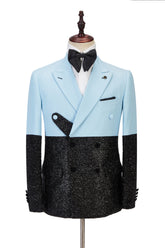 Newinlook Glamorous Black Peak Lapel Sky Blue Sparkle Two-Piece Evening Suit