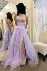 Newinlook Lavender Sleeveless Mermaid Sweetheart Front Split Evening Dress With Lace Appliques