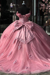 Off-Shoulder Ball Gown Sparkling Pink Tulle Quinceanera Dress with Appliques & Pleats for Sweet 16 & Birthday Parties