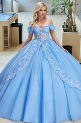 Exquisite Off-Shoulder Ball Gown 3D Floral Applique & Sequins on Royal Blue Tulle for Quinceanera Sweet 16 and Evening Galas