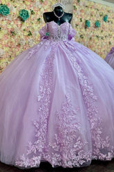 Lilac Quinceanera Dress Off-Shoulder Glitter Ball Gown with Lace-Up Back & Pleated Bow Detail