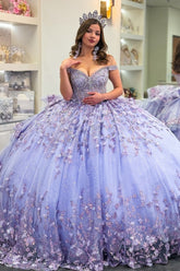 Lilac Sparkle Ball Gown Off-Shoulder Beaded Quinceanera Dress with 3D Floral Appliques & Tiered Tulle Skirt for Sweet 16 & Birthday Parties