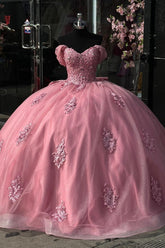 Off-Shoulder Ball Gown Sparkling Pink Tulle Quinceanera Dress with Appliques & Pleats for Sweet 16 & Birthday Parties