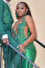 Fabulous Long V-Neck Mermaid Sleeveless Beading Sweep Train Prom Dresses