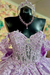 Lilac Quinceanera Dress Off-Shoulder Glitter Ball Gown with Lace-Up Back & Pleated Bow Detail