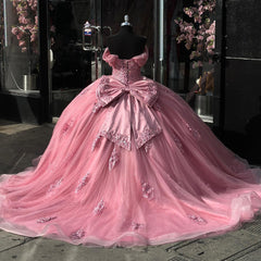 Off-Shoulder Ball Gown Sparkling Pink Tulle Quinceanera Dress with Appliques & Pleats for Sweet 16 & Birthday Parties