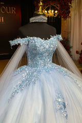 Baby Blue Ball Gown Off-Shoulder Sequined Tulle Quinceanera Dress for Sweet 16 & Formal Events