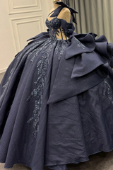 Dark Navy Quinceanera Dress One-Shoulder Beaded Ball Gown with Tiered Ruffles & Sparkly Appliques