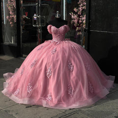 Off-Shoulder Ball Gown Sparkling Pink Tulle Quinceanera Dress with Appliques & Pleats for Sweet 16 & Birthday Parties