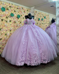 Lilac Quinceanera Dress Off-Shoulder Glitter Ball Gown with Lace-Up Back & Pleated Bow Detail