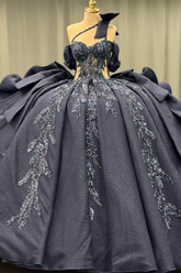 Dark Navy Quinceanera Dress One-Shoulder Beaded Ball Gown with Tiered Ruffles & Sparkly Appliques