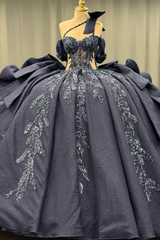 Dark Navy Quinceanera Dress One-Shoulder Beaded Ball Gown with Tiered Ruffles & Sparkly Appliques