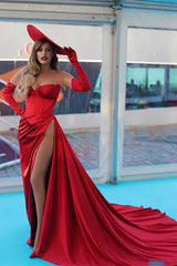 Newinlook Luxury Red Strapless Slit Long Evening Dress With Chic Gloves