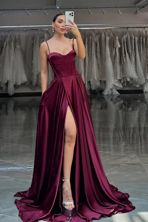 Spaghetti Strap Sleeveless Long Split Formal Dress With Pleated