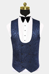 Newinlook Fashionable Damask Floral Dark Navy Summer Wedding Suit with Black Satin Lapel