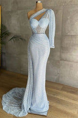 Newinlook Sequins One Shoulder Mermaid Evening Dress With Long Sleeve