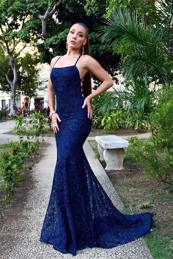 Newinlook Navy Blue Mermaid Lace Evening Dress