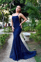 Newinlook Navy Blue Mermaid Lace Evening Dress
