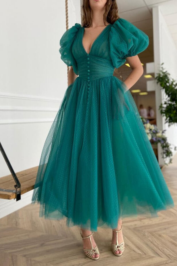 Newinlook Dark Green Evening Dress A-Line With Short Sleeves V-Neck