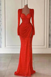 Newinlook Red Sweetheart Long Sleeves Sequins Mermaid Evening Dress With Split