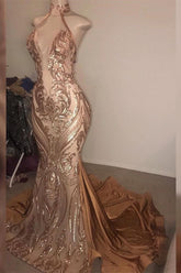 Elegant Deep V Neck Sequins Sleeveless Halter Mermaid Formal Dress With Appliques