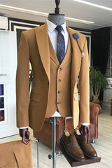Newinlook Handsome Gold Brown Three-Piece Party Suit with Peaked Lapel for Prom