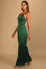 Newinlook Retro Emerald Green Satin Asymmetrical Wide-Leg Jump Suit