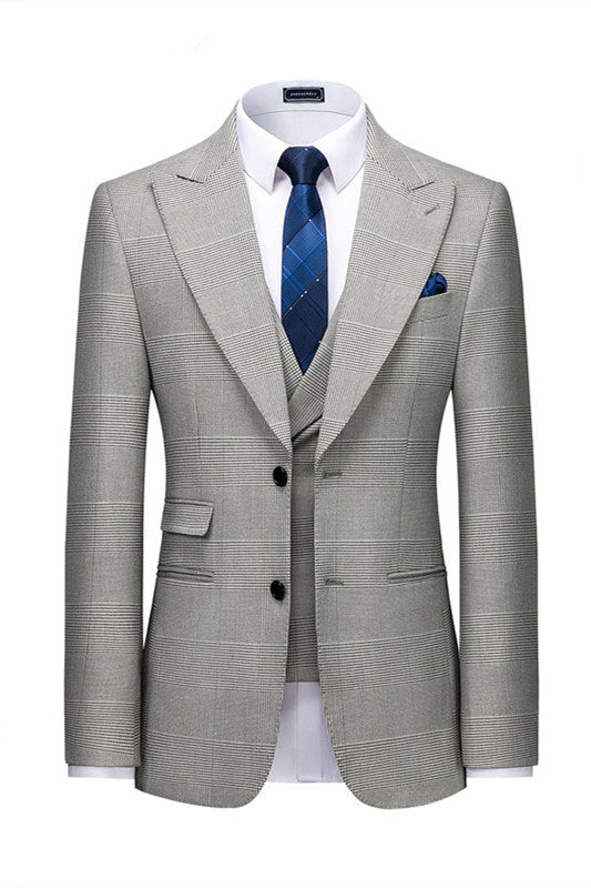 Newinlook High-Quality Gray Tuxedo Suit with Peaked Lapel and Plaid for Prom