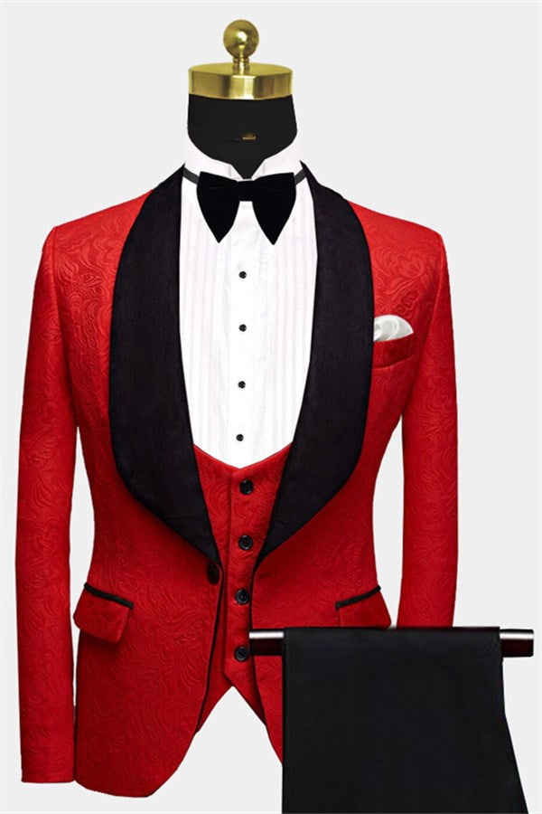 Newinlook Red Floral Tuxedo - Black Lapel Three Pieces for Groom Prince Suit