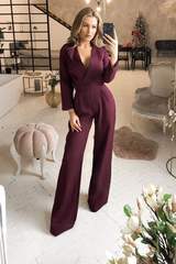 Newinlook Elegant Grape V-Neck Lapel Long Jump Suit With Sleeves