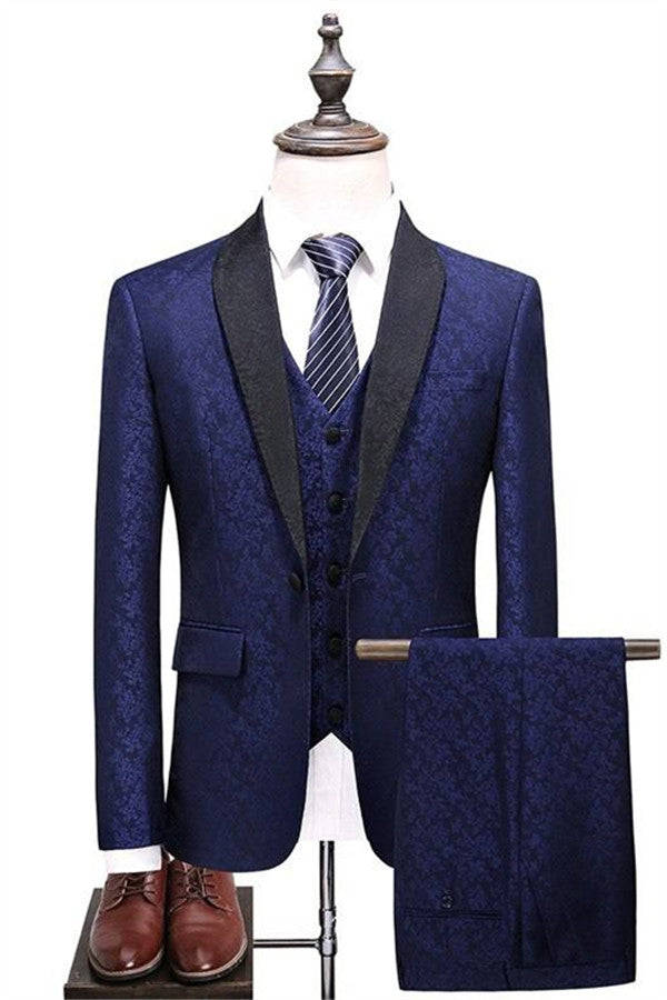 Newinlook Shawl Lapel Navy Blue Groomsman Suit, Three Pieces Tuxedo
