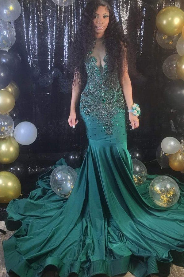 Newinlook Dark Green Sleeveless Beading Mermaid Evening Dress