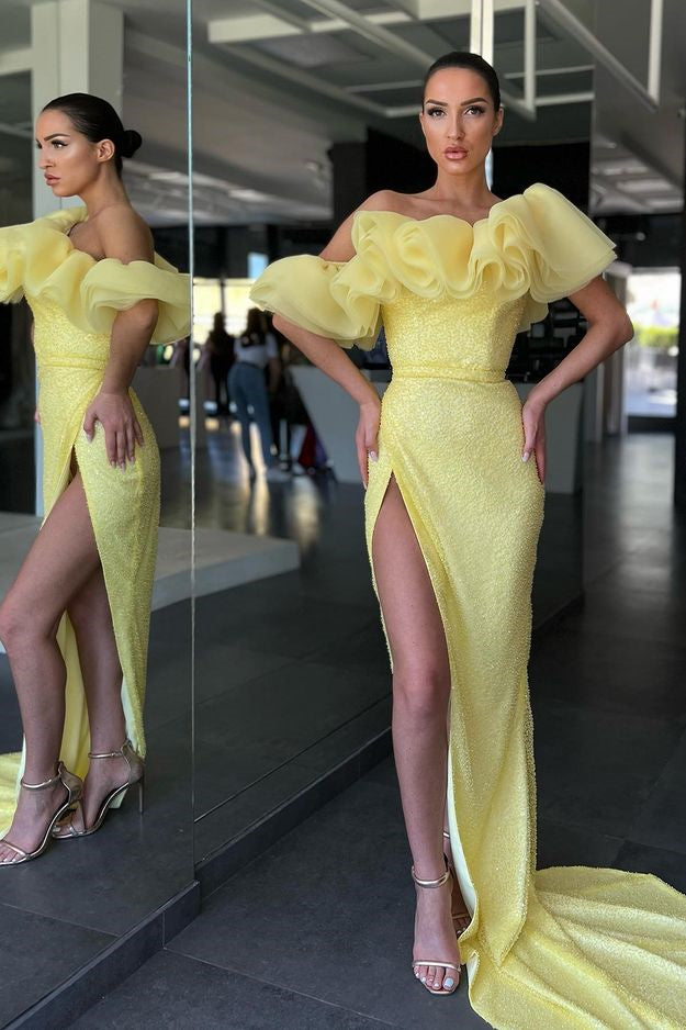 Newinlook Daffodil Off-The-Shoulder Split Mermaid Evening Dress Sequins