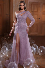 Newinlook Shallow Purple One Shoulder Long Sleeve Slit Mermaid Evening Dress With Sequins and Beadings