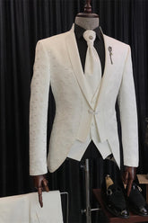 Newinlook Christian White Jacquard Three-Piece Wedding Suit with Unique Lapel