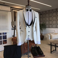 Newinlook Elegant Black Designer Wedding Suit with White Notched Lapel for Groom