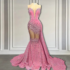 Glamorous V-Neck Sequins Prom Dresses Mermaid Sleeveless Crystal